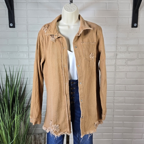 Source Unknown Jackets & Blazers - Unbranded Distressed Tan Button Up Denim Shirt Jacket Large